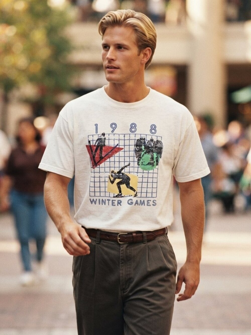 St John's Bay Men M T-Shirt White Cotton Winter Games Graphic Retro Niche 1988